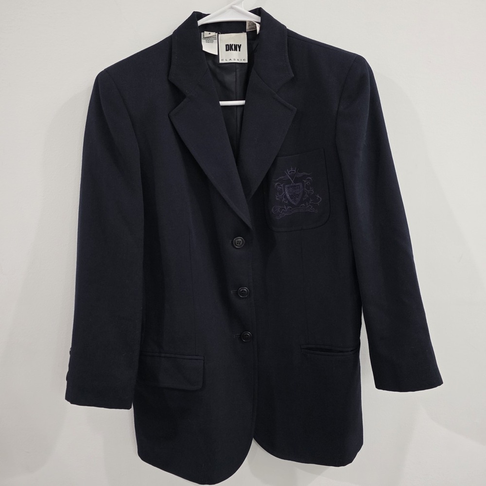Dkny Womens Blazer 4 Classic Crest Academia Wednesday Navy Blue Preppy Old Money